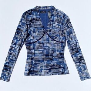 Axcess Abstract Print Blue Mesh V-neck Long Sleeve Women's Small Y2K Streetwear